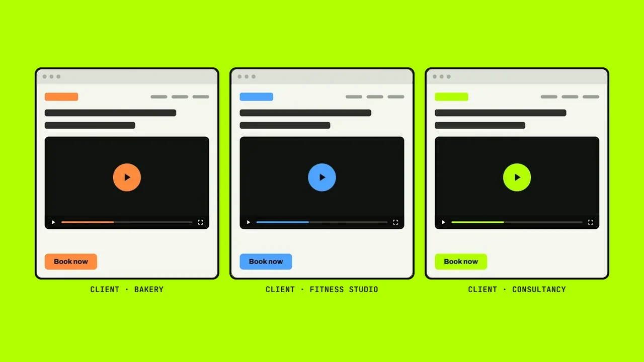 Three client websites, each with a video player in that client's brand color