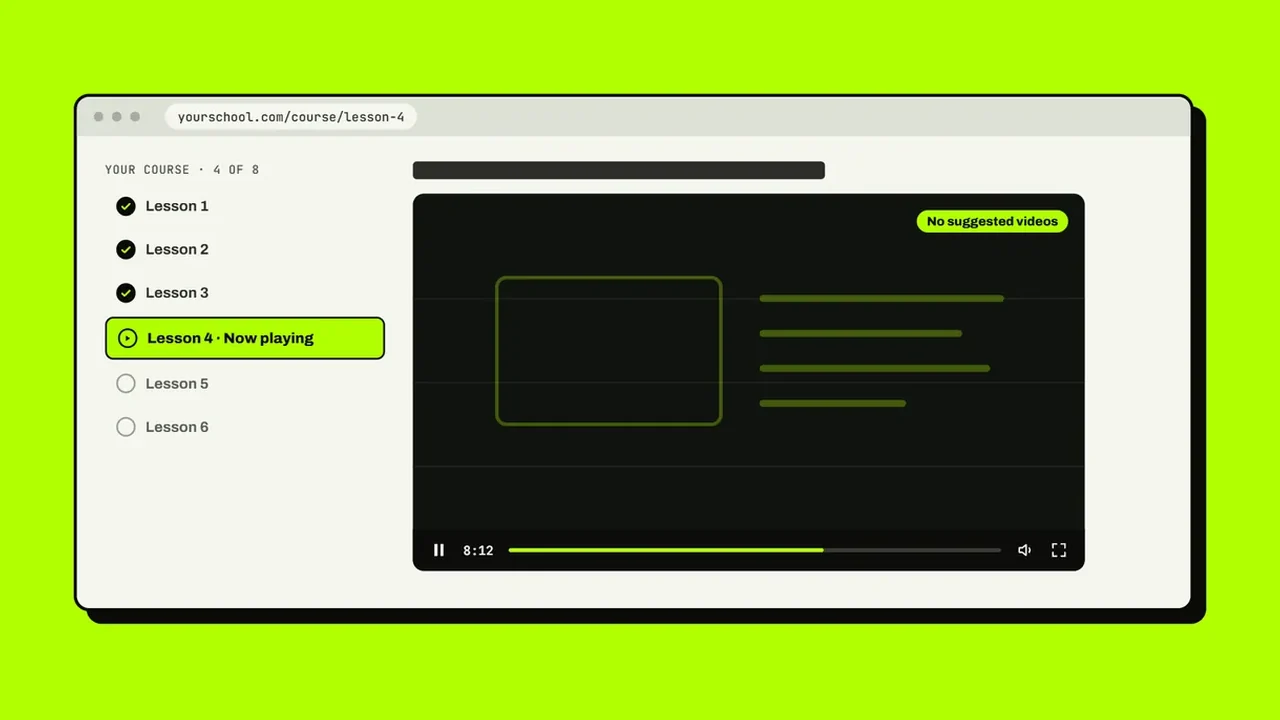A course lesson page with the video playing in a clean branded player and no suggested videos